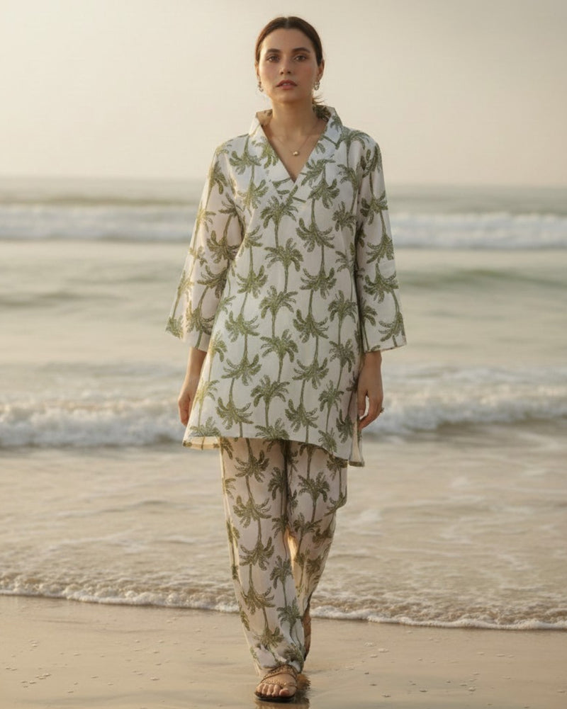 Tropical Mid-Length V-Neck Cotton Kurta Set – White & Olive Print