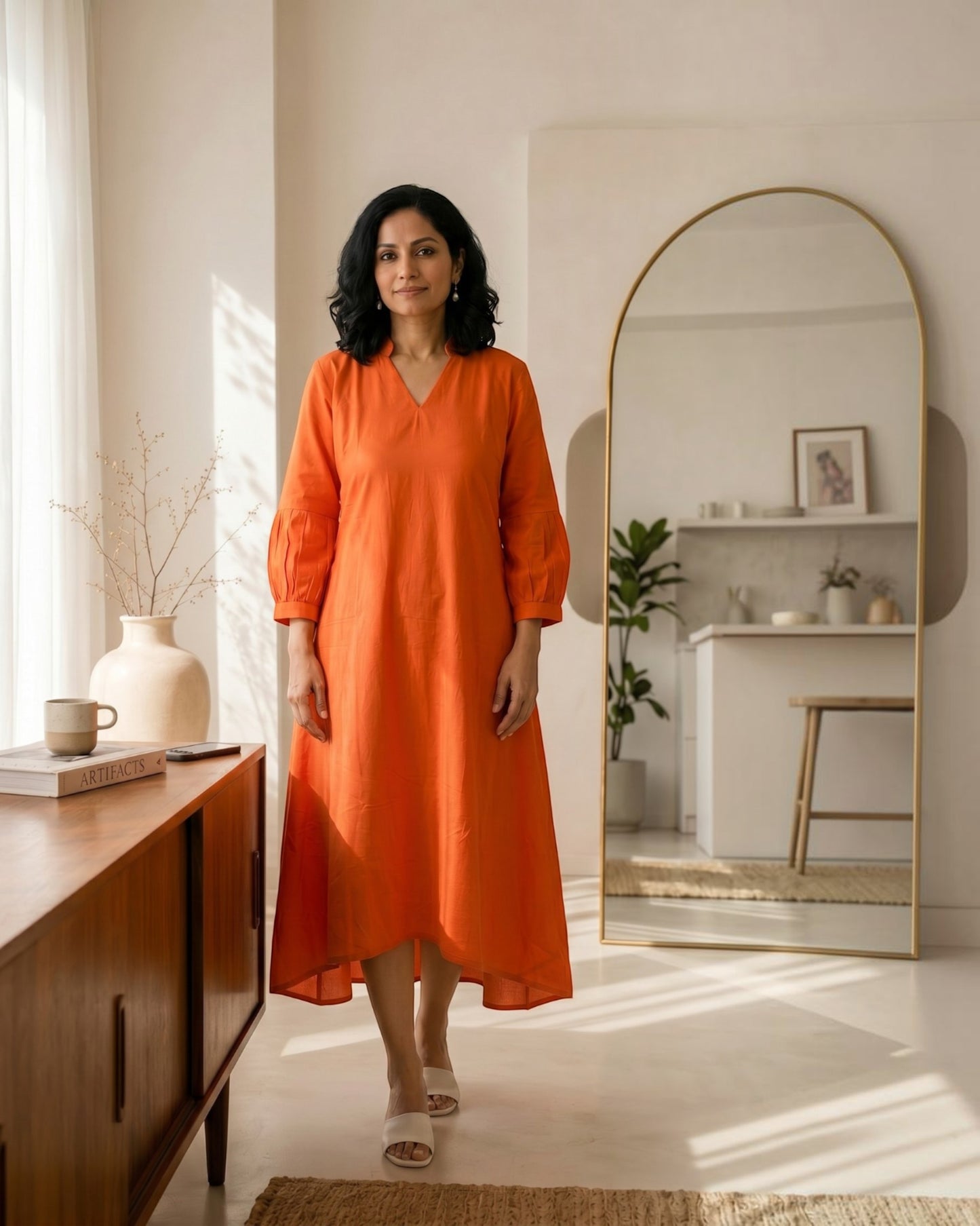 Rustline Midi A-line Cotton Dress - Rust