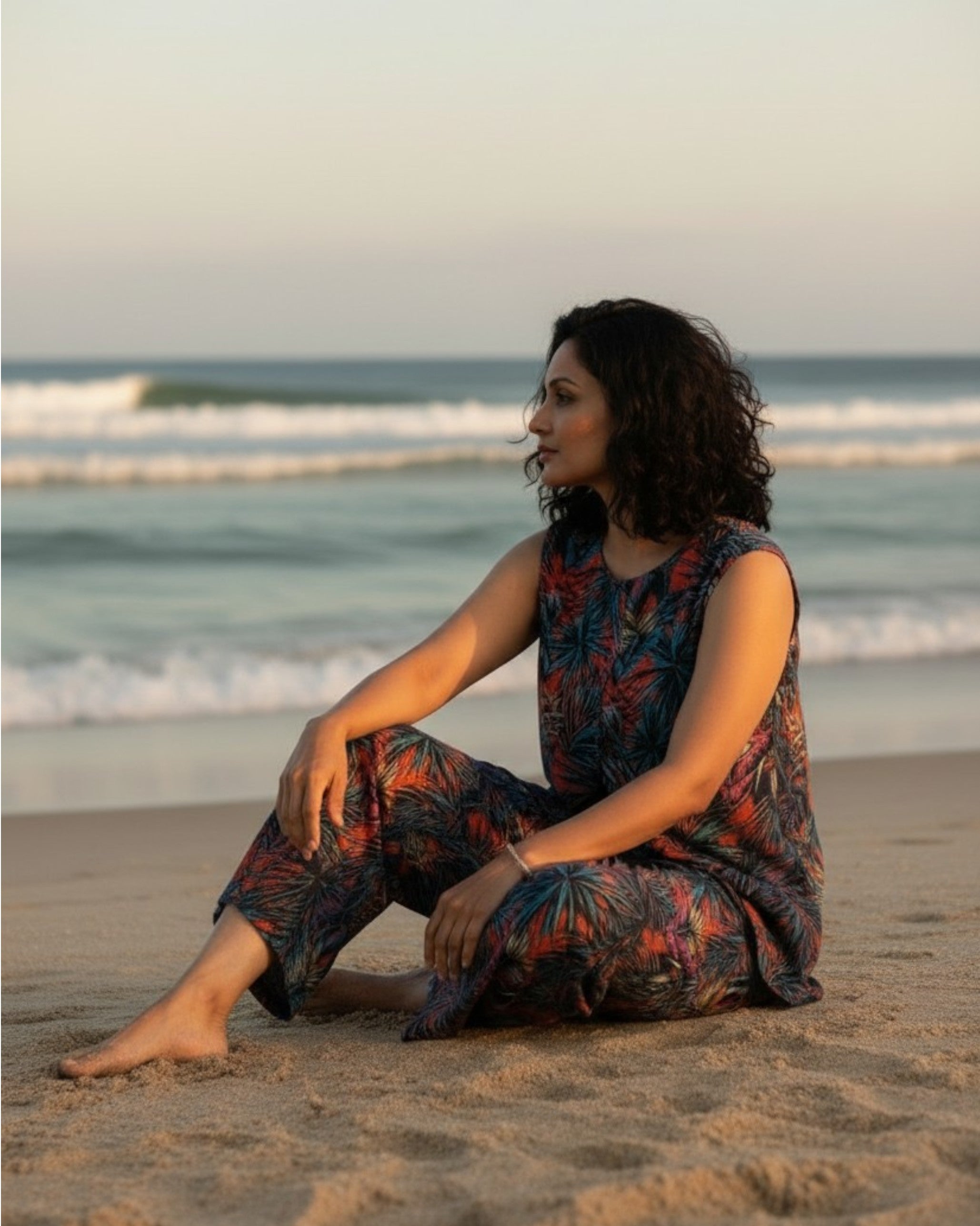Sunset Short Front Slit Sleeveless Cotton Coord Set – Multicolor Print
