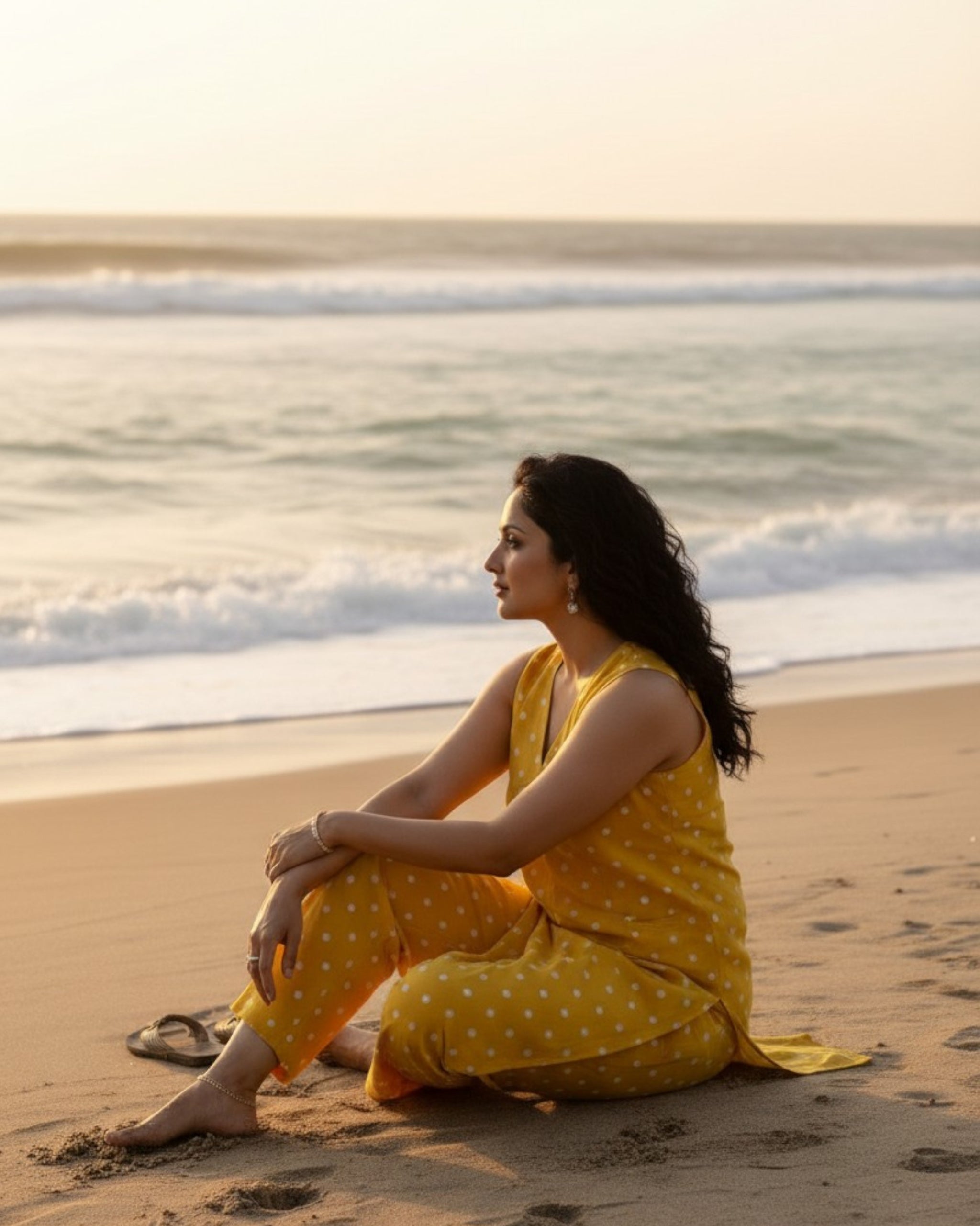 Sunshine Mid-Length Sleeveless Cotton Kurta Set - Mustard Print