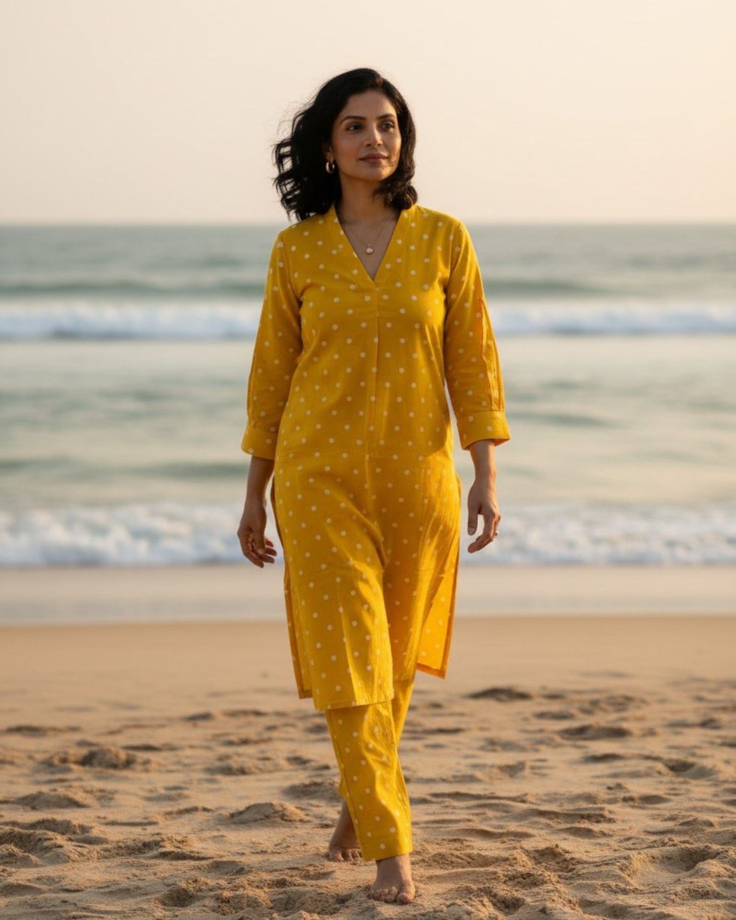 Sunshine Mid-Length Straight Cotton Kurta Set – Mustard Print