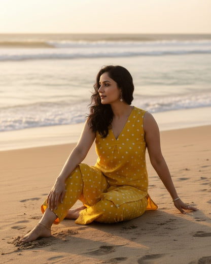 Sunshine Mid-Length Sleeveless Cotton Kurta Set - Mustard Print