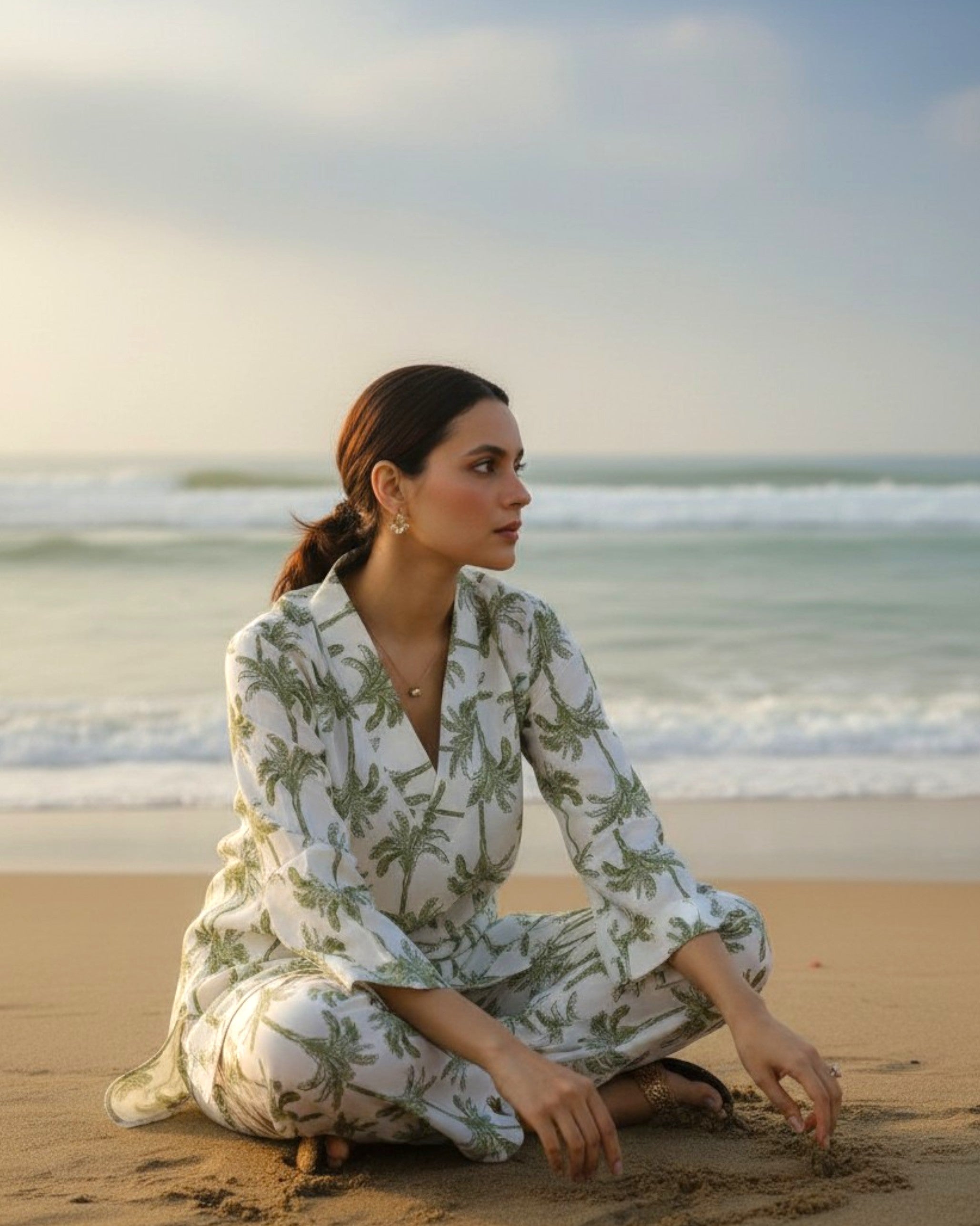 Tropical Mid-Length V-Neck Cotton Kurta Set – White & Olive Print