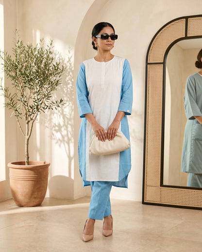 Lagoon ColorBlock Mid-Length Cotton Coord Set - White & Cyan