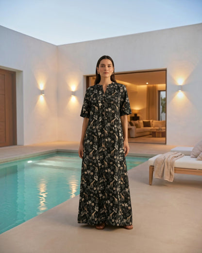 Reverie Long Length Cotton Dress – Black Print