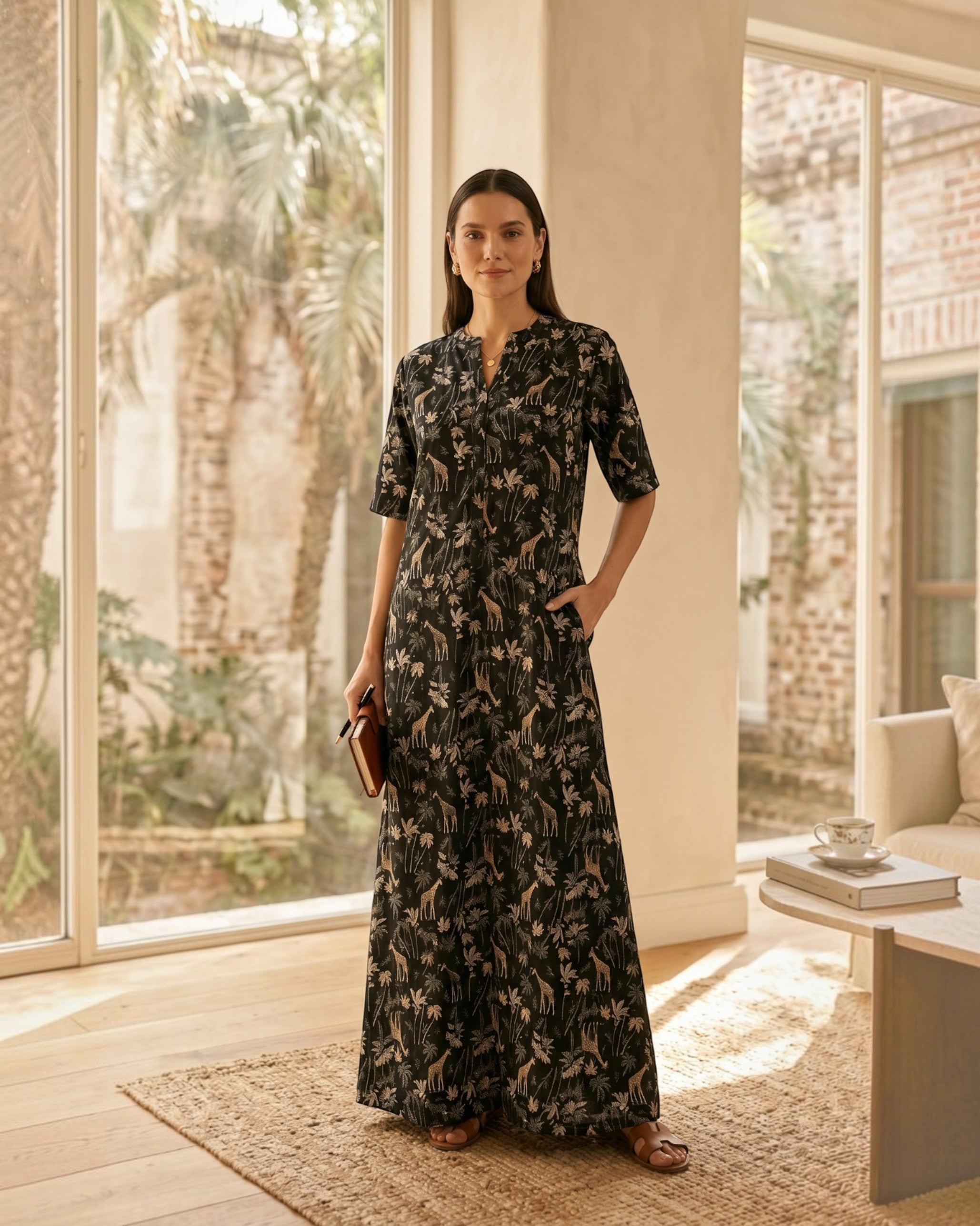 Reverie Long Length Cotton Dress – Black Print