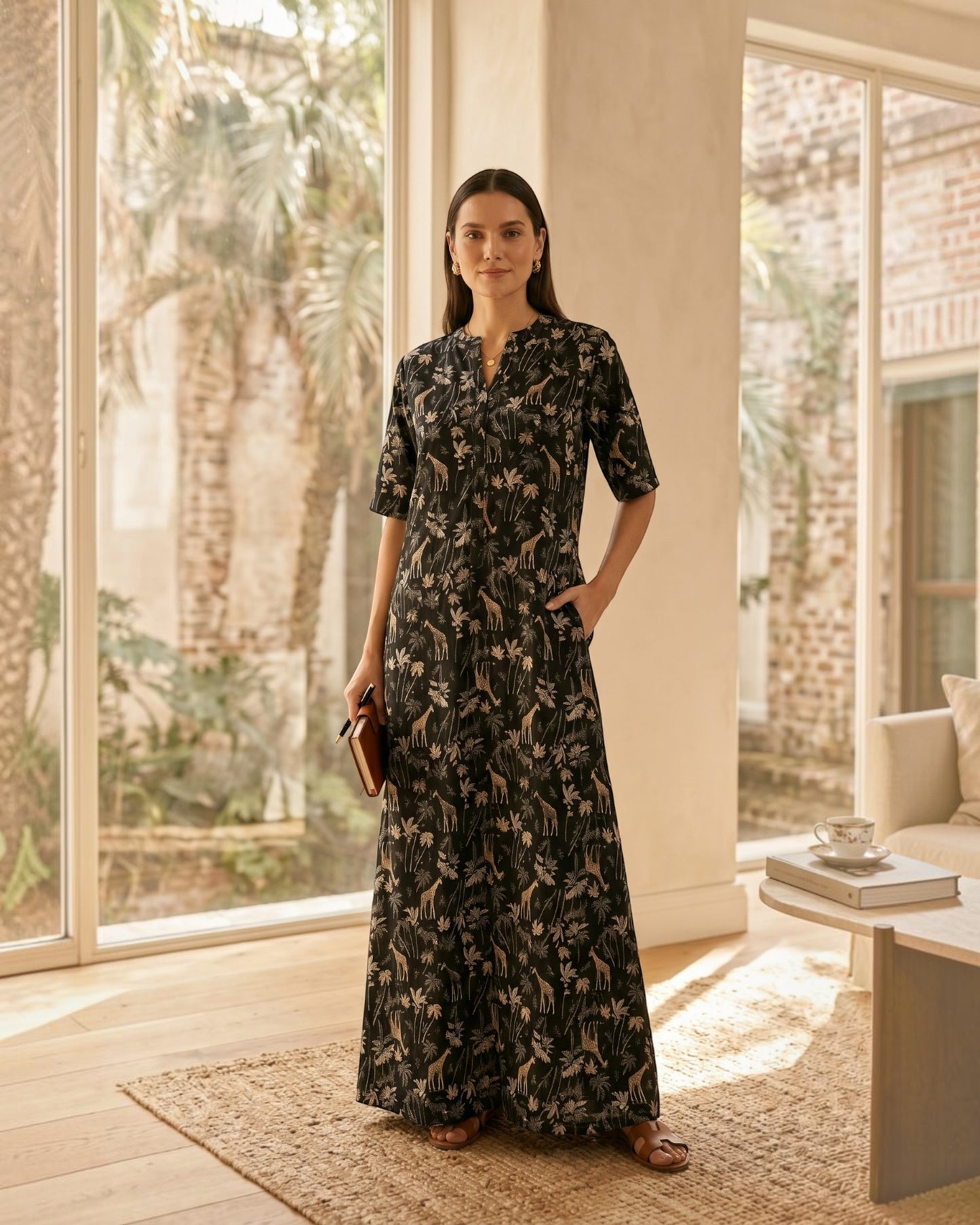 Reverie Long Length Cotton Dress – Black Print