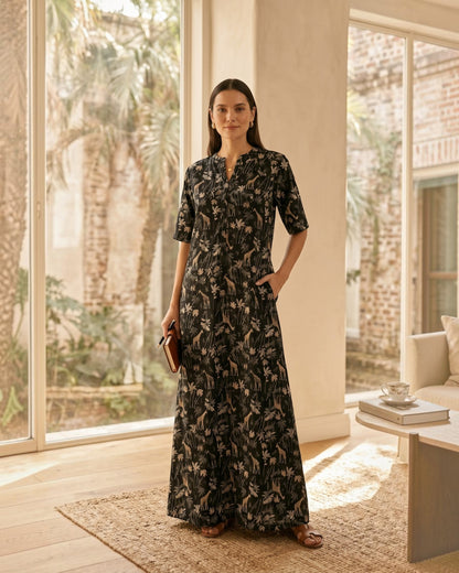 Reverie Long Length Cotton Dress – Black Print