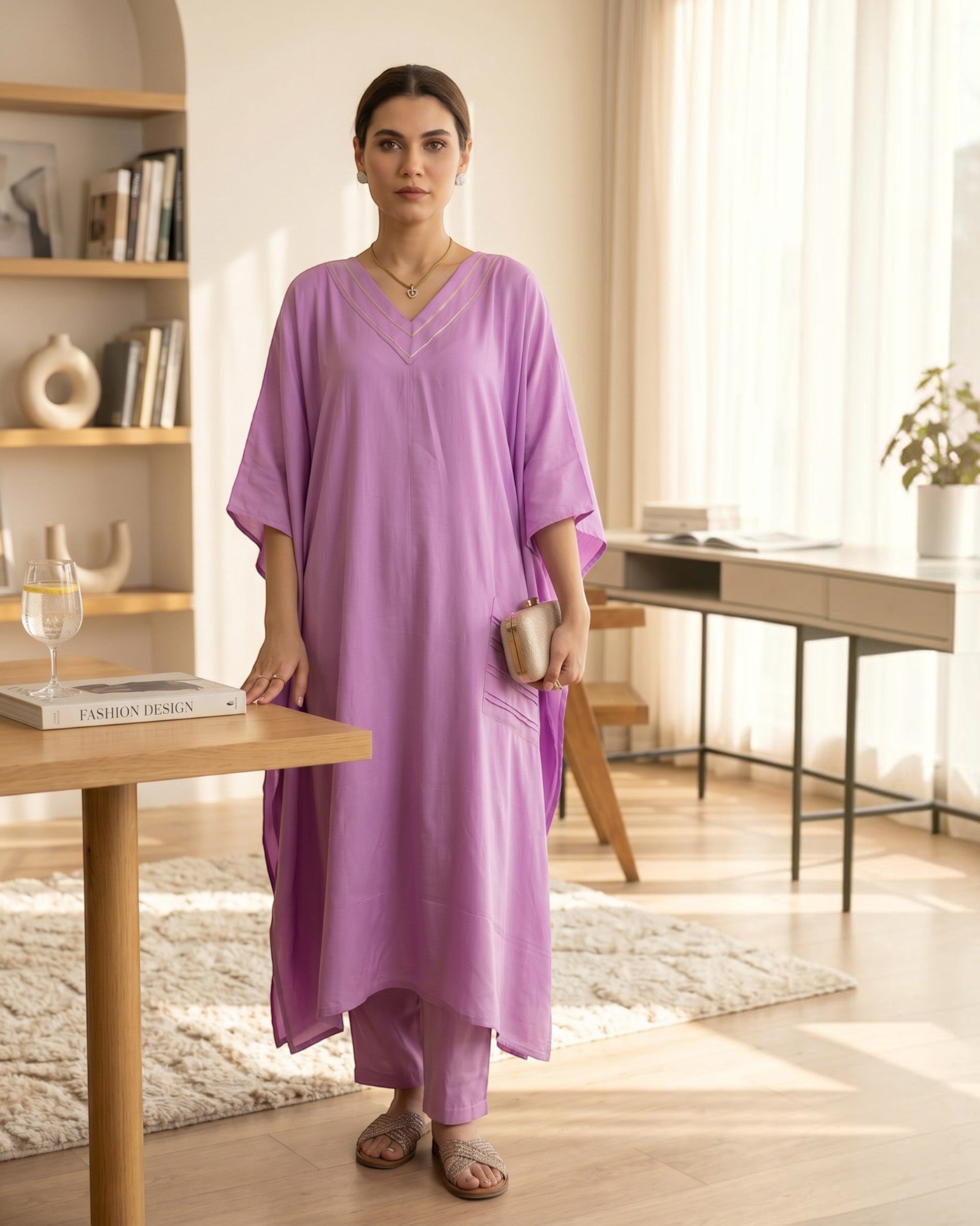 Noor Kaftan Satin Cotton Kurta Set – Deep Lavender