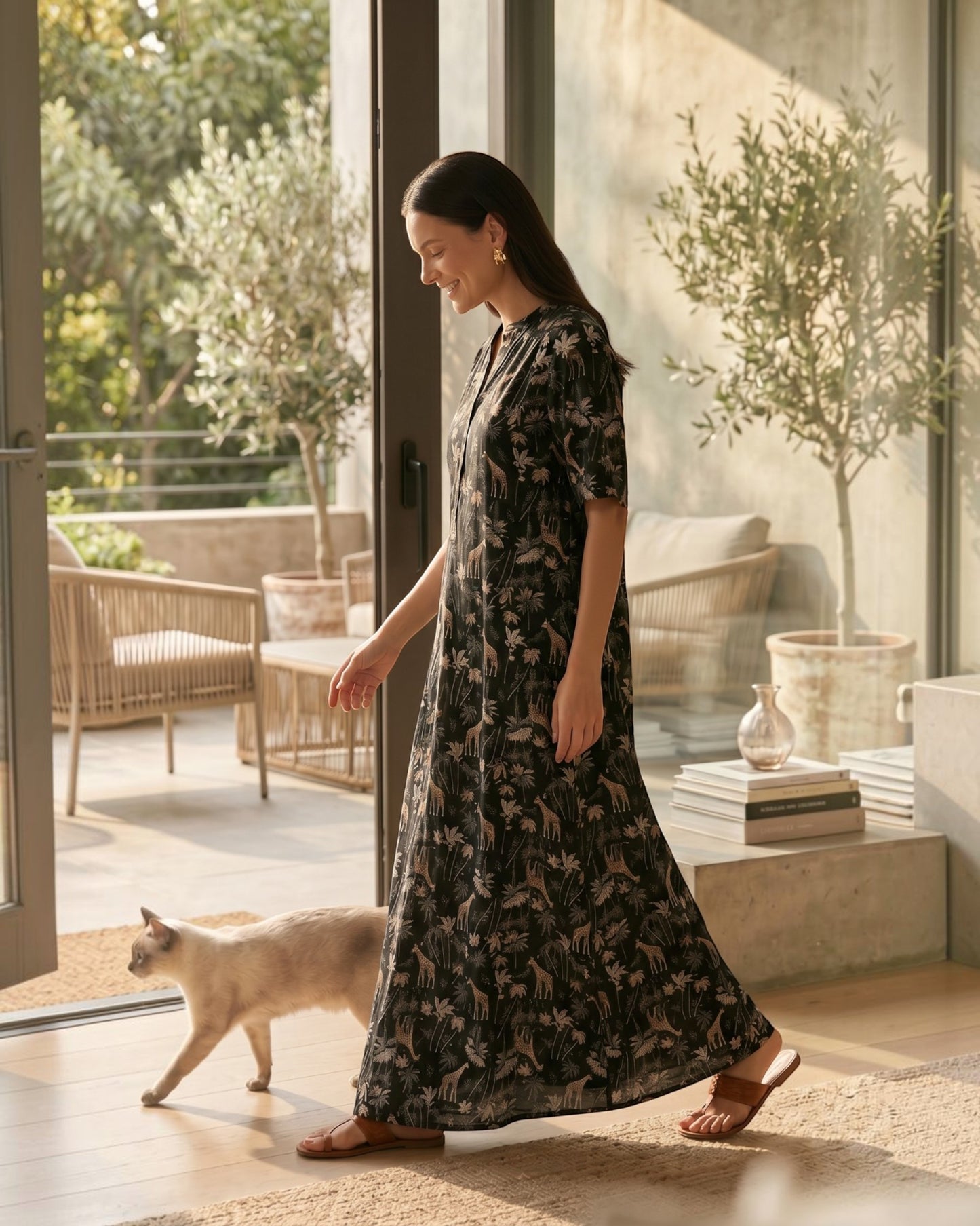 Reverie Long Length Cotton Dress – Black Print