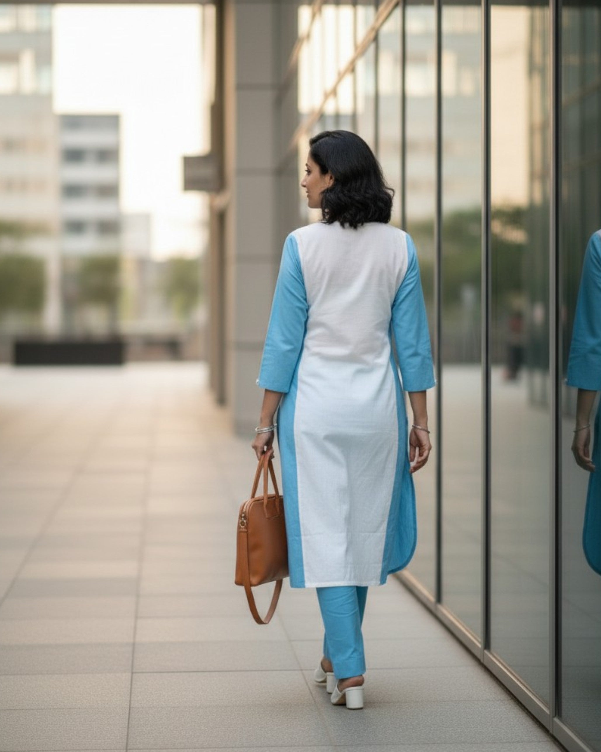 Lagoon ColorBlock Mid-Length Cotton Coord Set - White & Cyan