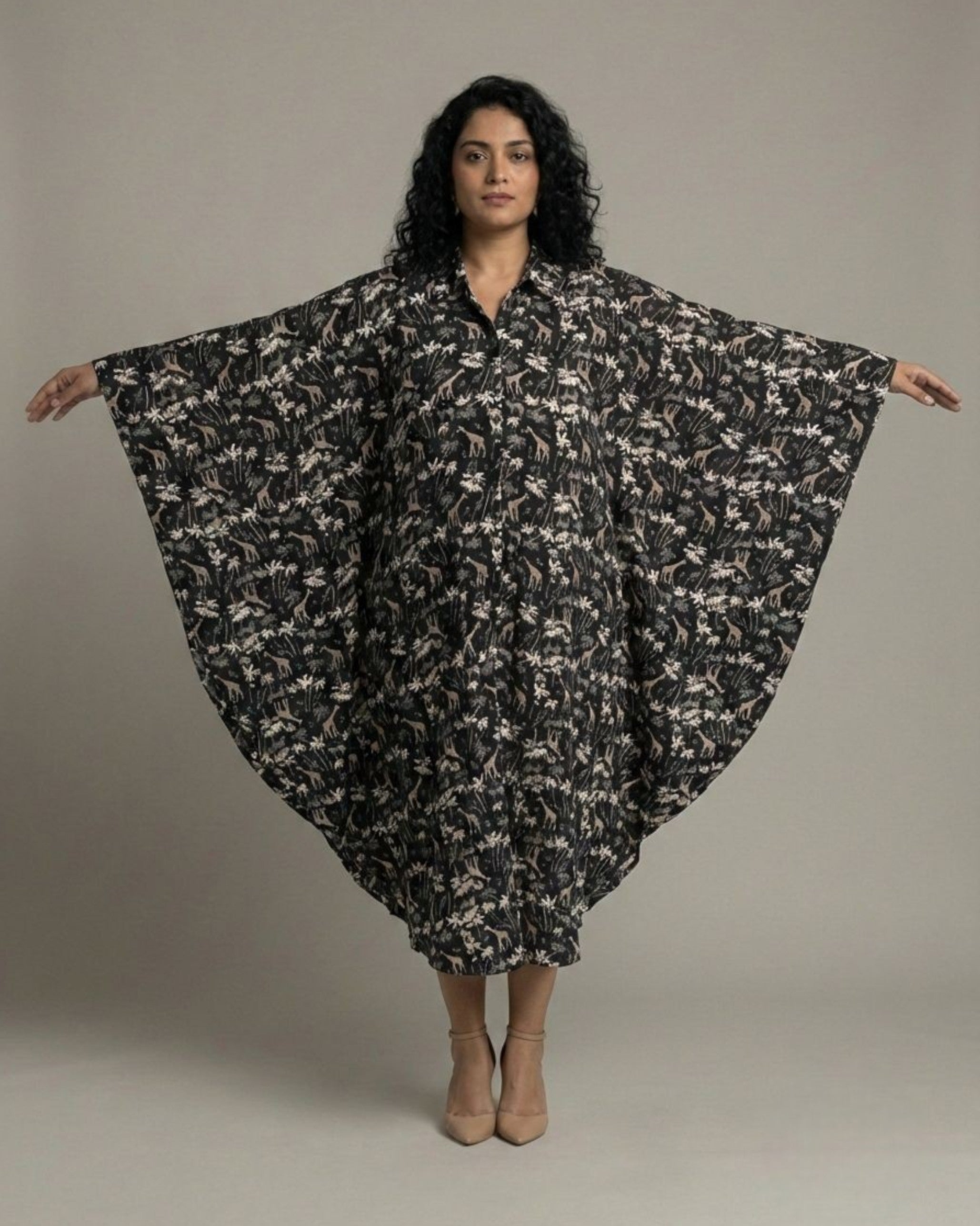 Reverie Midi Kaftan Cotton Dress – Black Print