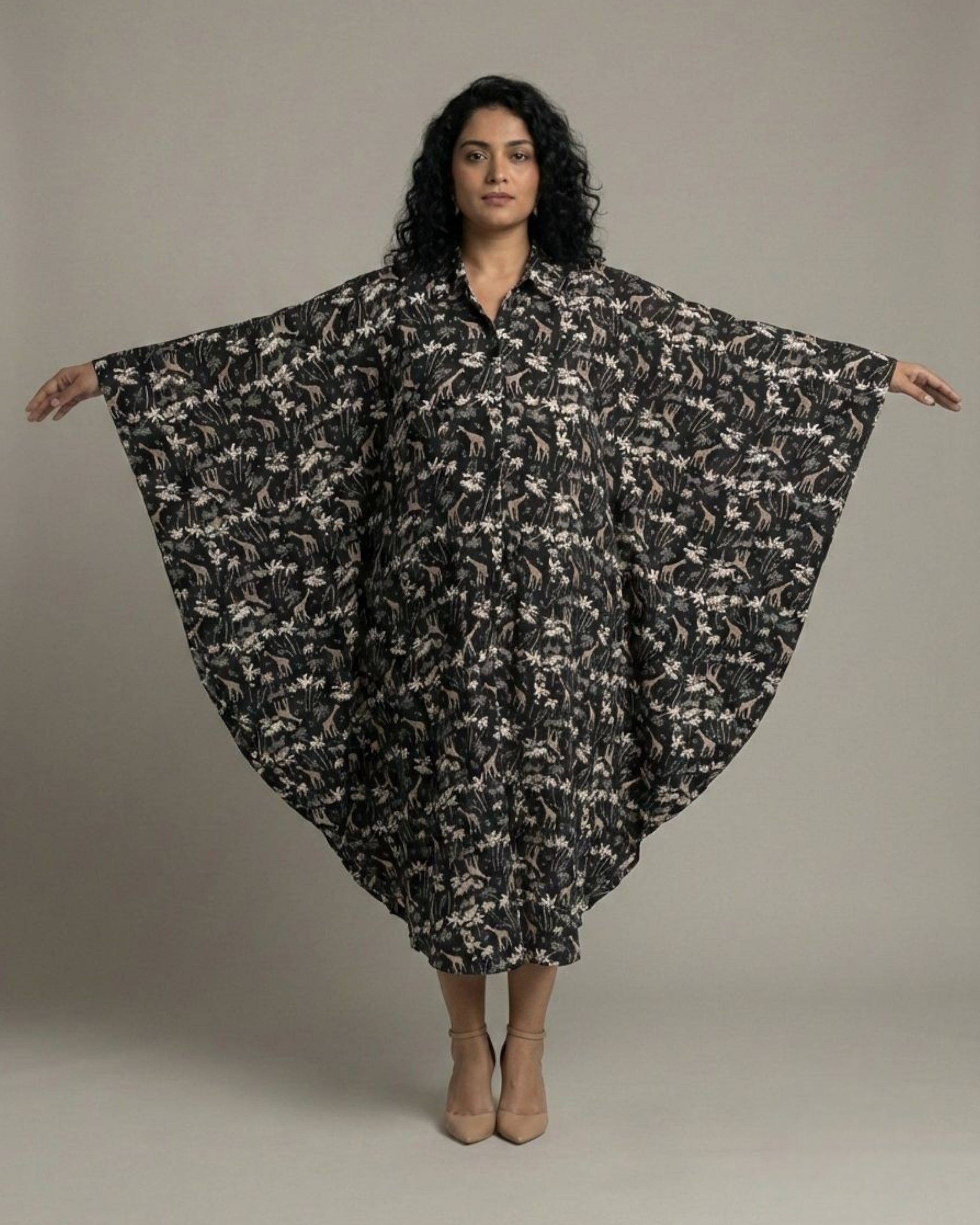 Reverie Midi Kaftan Cotton Dress – Black Print