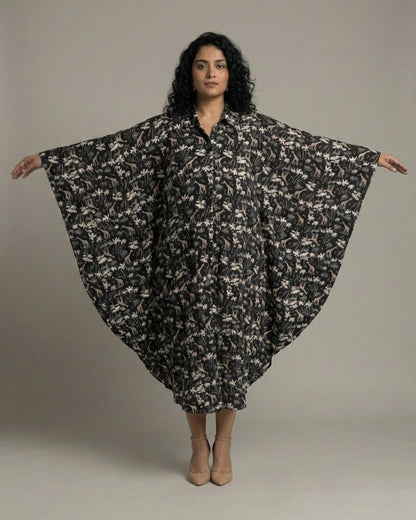 Reverie Midi Kaftan Cotton Dress – Black Print