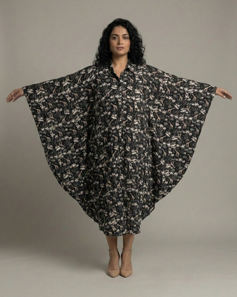 Reverie Midi Kaftan Cotton Dress – Black Print