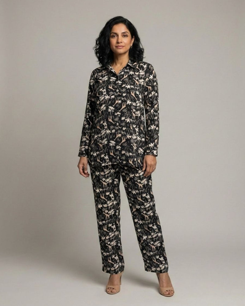 Reverie Short Shirt Cotton Coord Set - Black Print