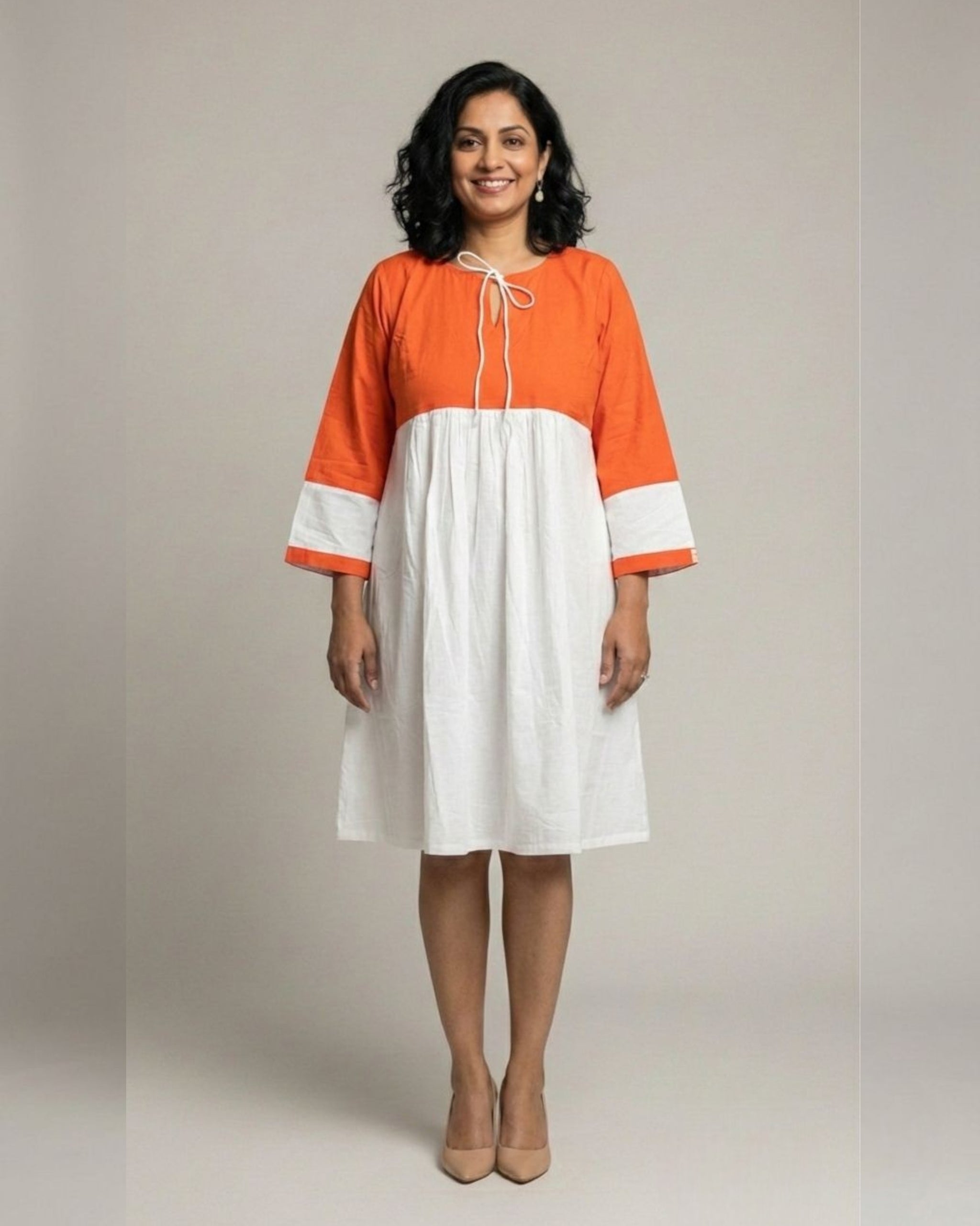 Rustline Colorblock Midi Flared Dress – White & Rust