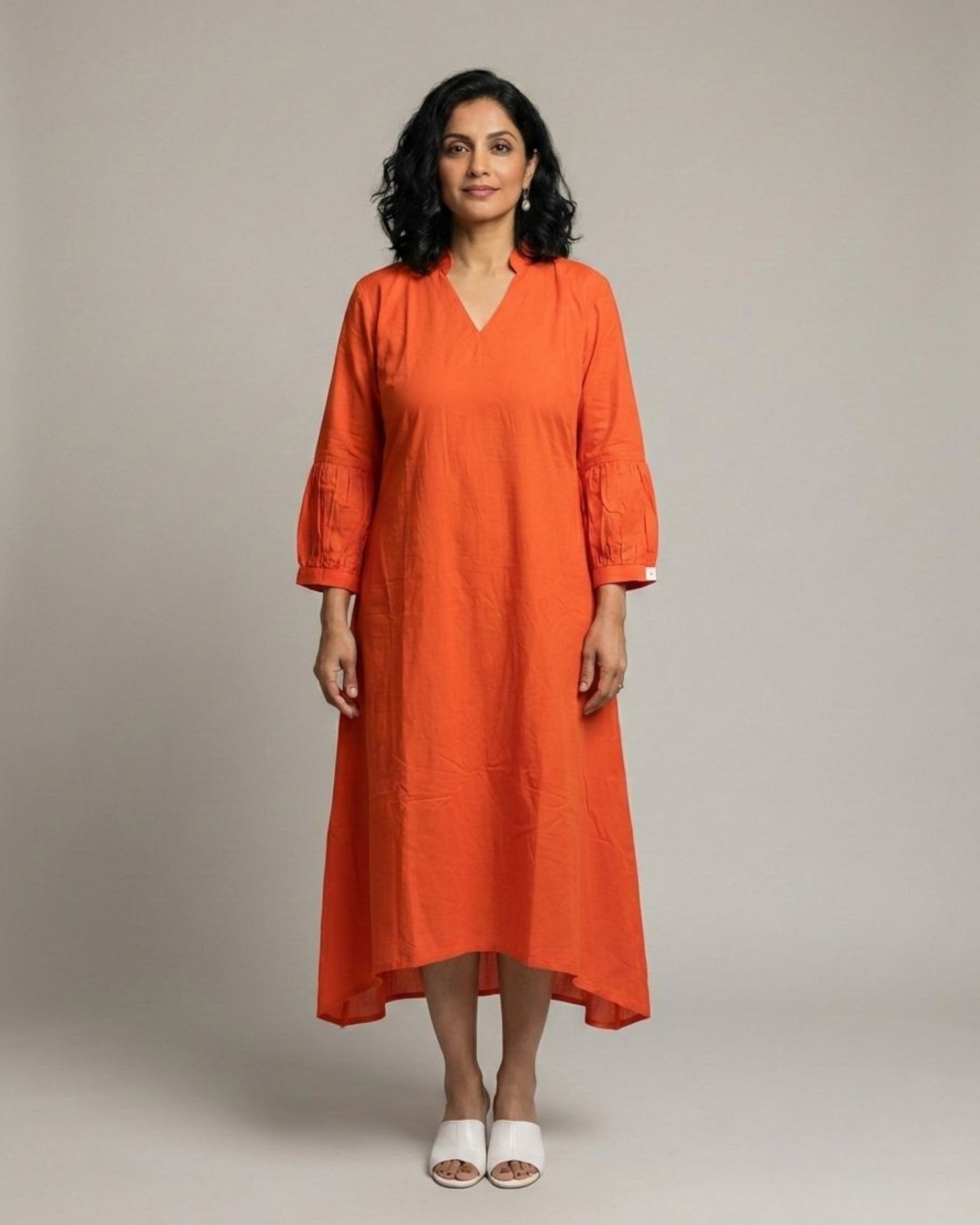 Rustline Midi A-line Cotton Dress - Rust