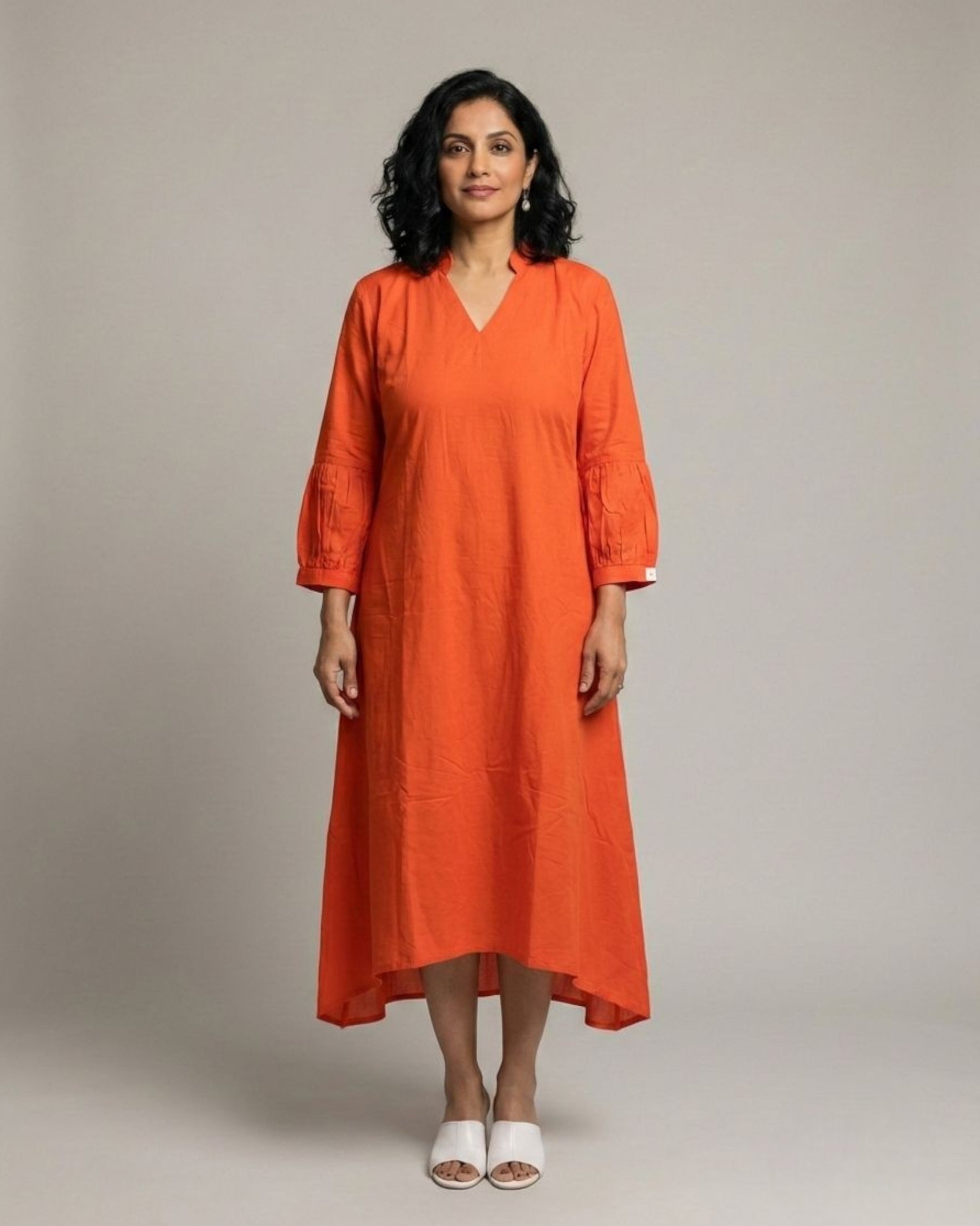 Rustline Midi A-line Cotton Dress - Rust