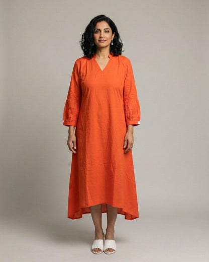 Rustline Midi A-line Cotton Dress - Rust