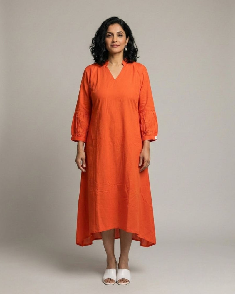 Rustline Midi A-line Cotton Dress - Rust