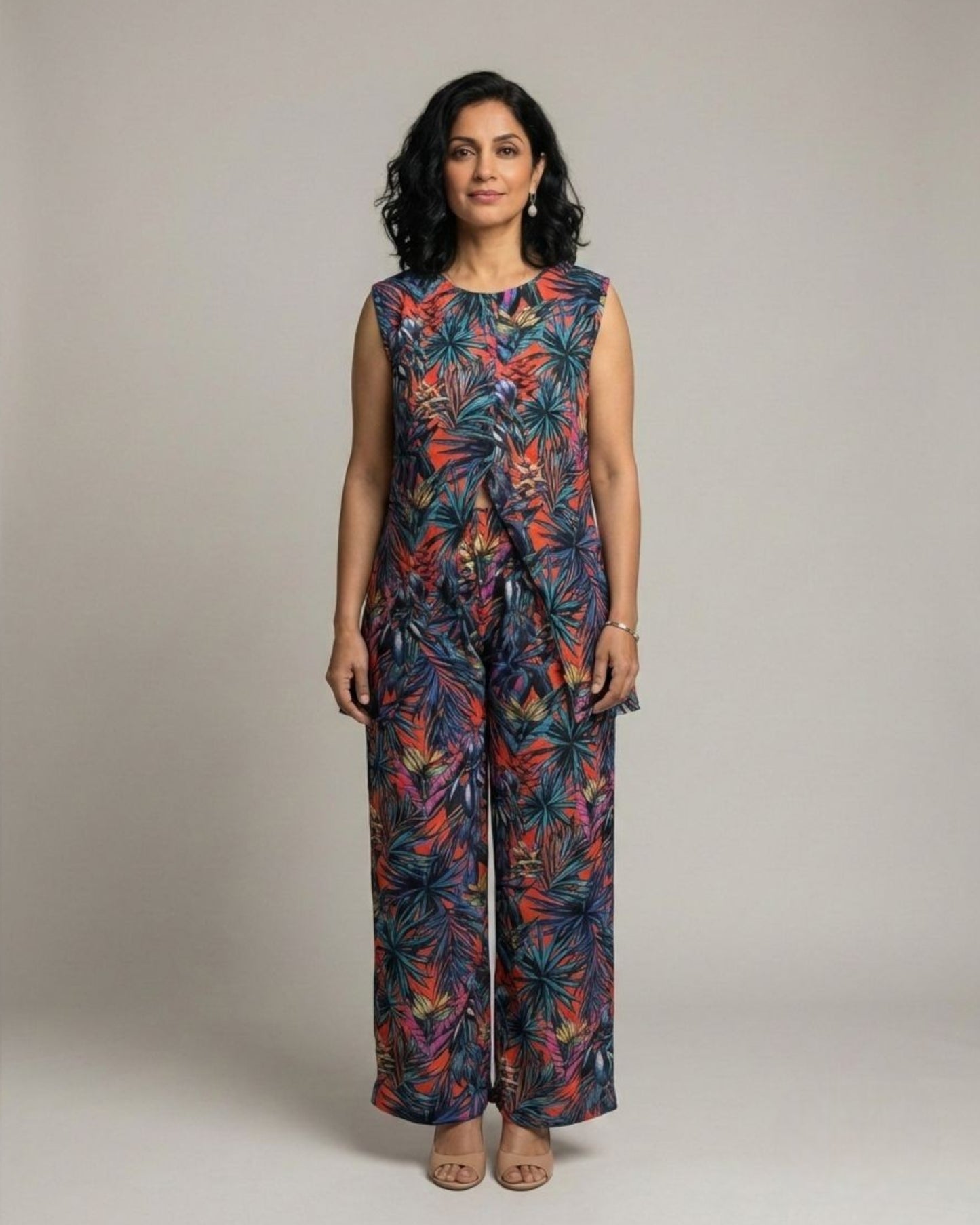 Sunset Short Front Slit Sleeveless Cotton Coord Set – Multicolor Print