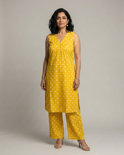 Sunshine Mid-Length Sleeveless Cotton Kurta Set - Mustard Print