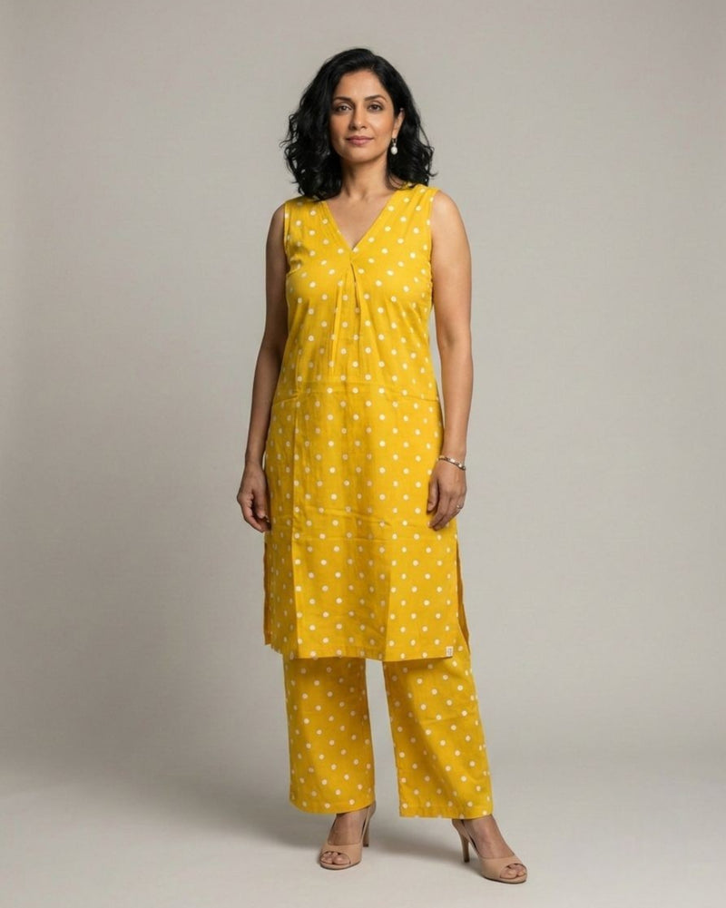 Sunshine Mid-Length Sleeveless Cotton Kurta Set - Mustard Print
