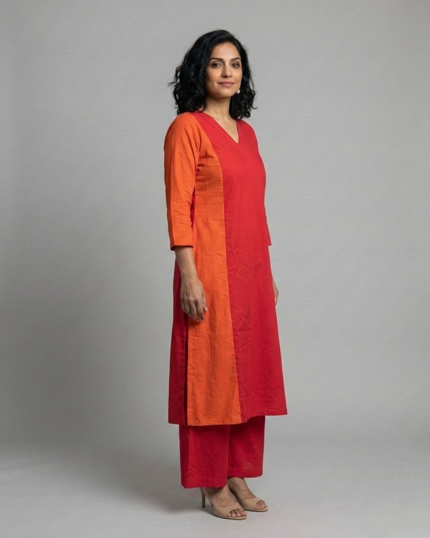 Terracotta ColorBlock Mid-Length Cotton Coord Set- Red & Rust