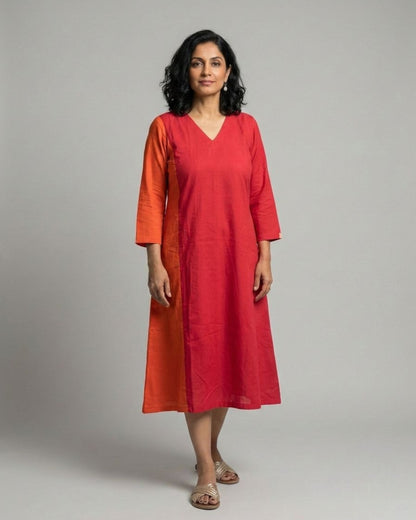 Terracotta ColorBlock Midi Flared Dress – Red & Rust