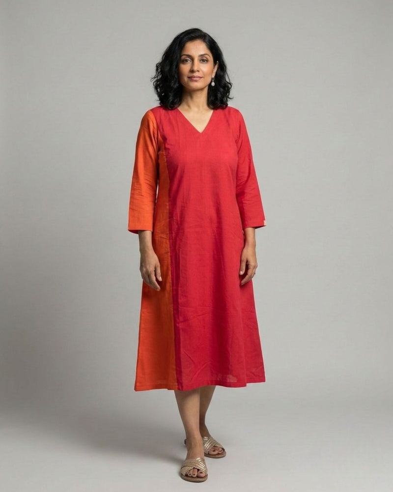 Terracotta ColorBlock Midi Flared Dress – Red & Rust