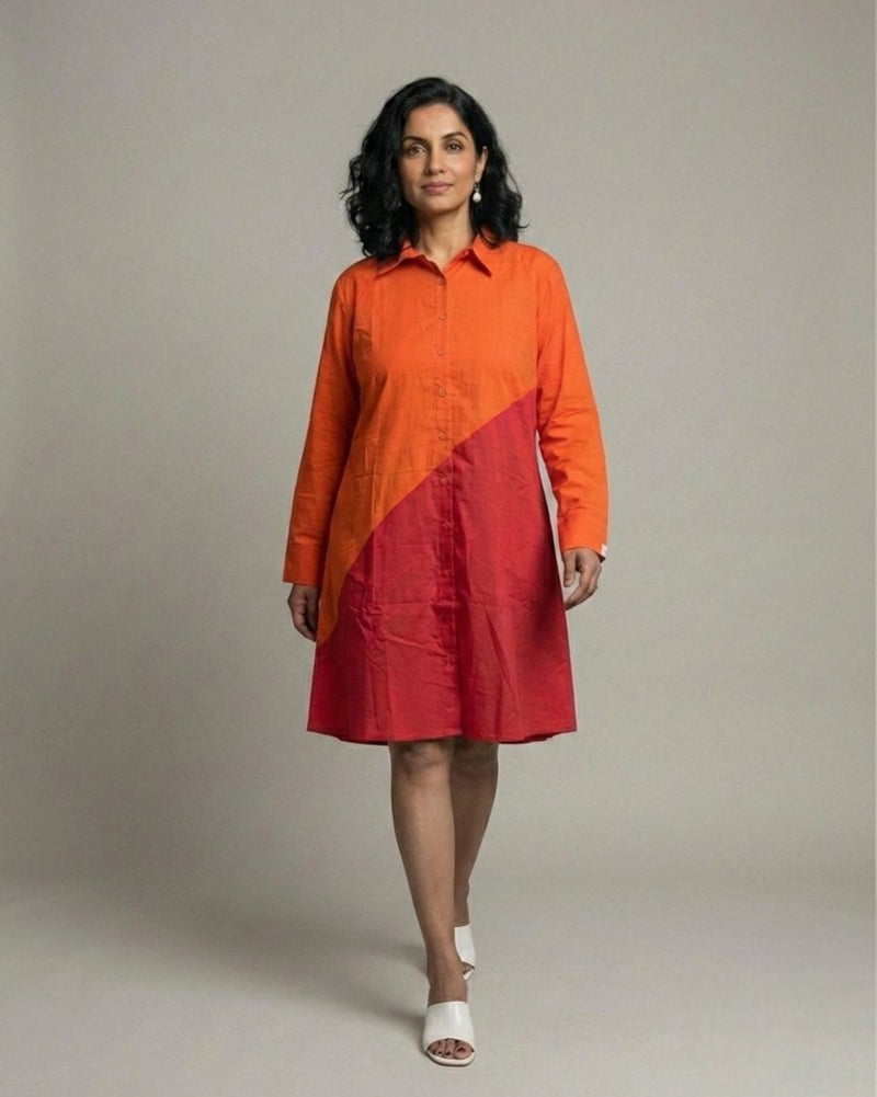 Terracotta Colorblock Short Shirt Cotton Dress - Red & Rust