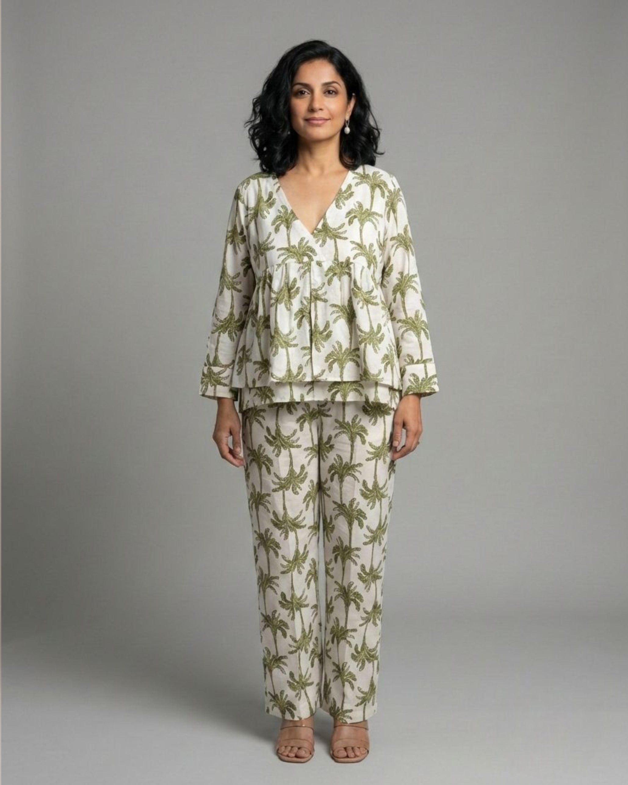 Tropical Short Front Slit Cotton Coord Set – White & Olive Print