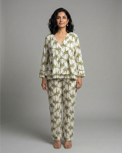 Tropical Short Front Slit Cotton Coord Set – White & Olive Print