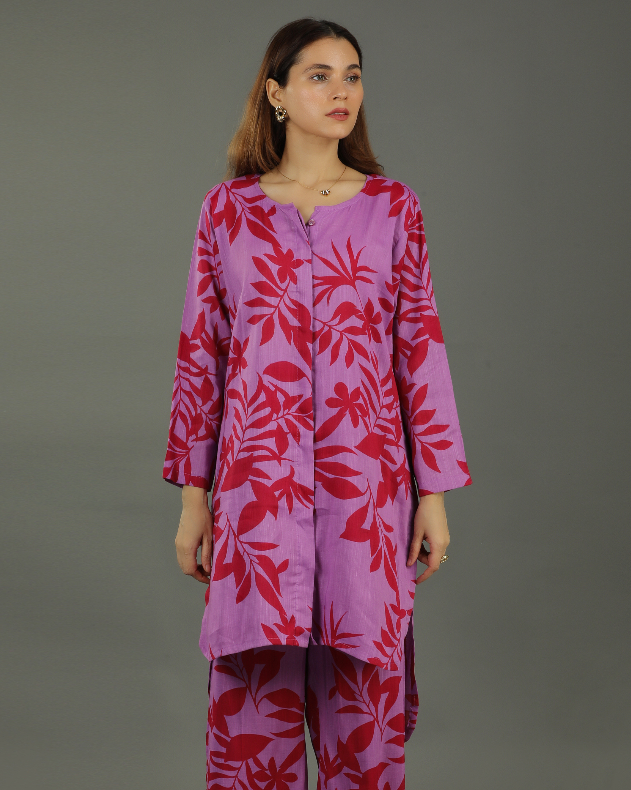 Redscape High-Low Front Buttoned Cotton Kurta – Lavender & Red Print