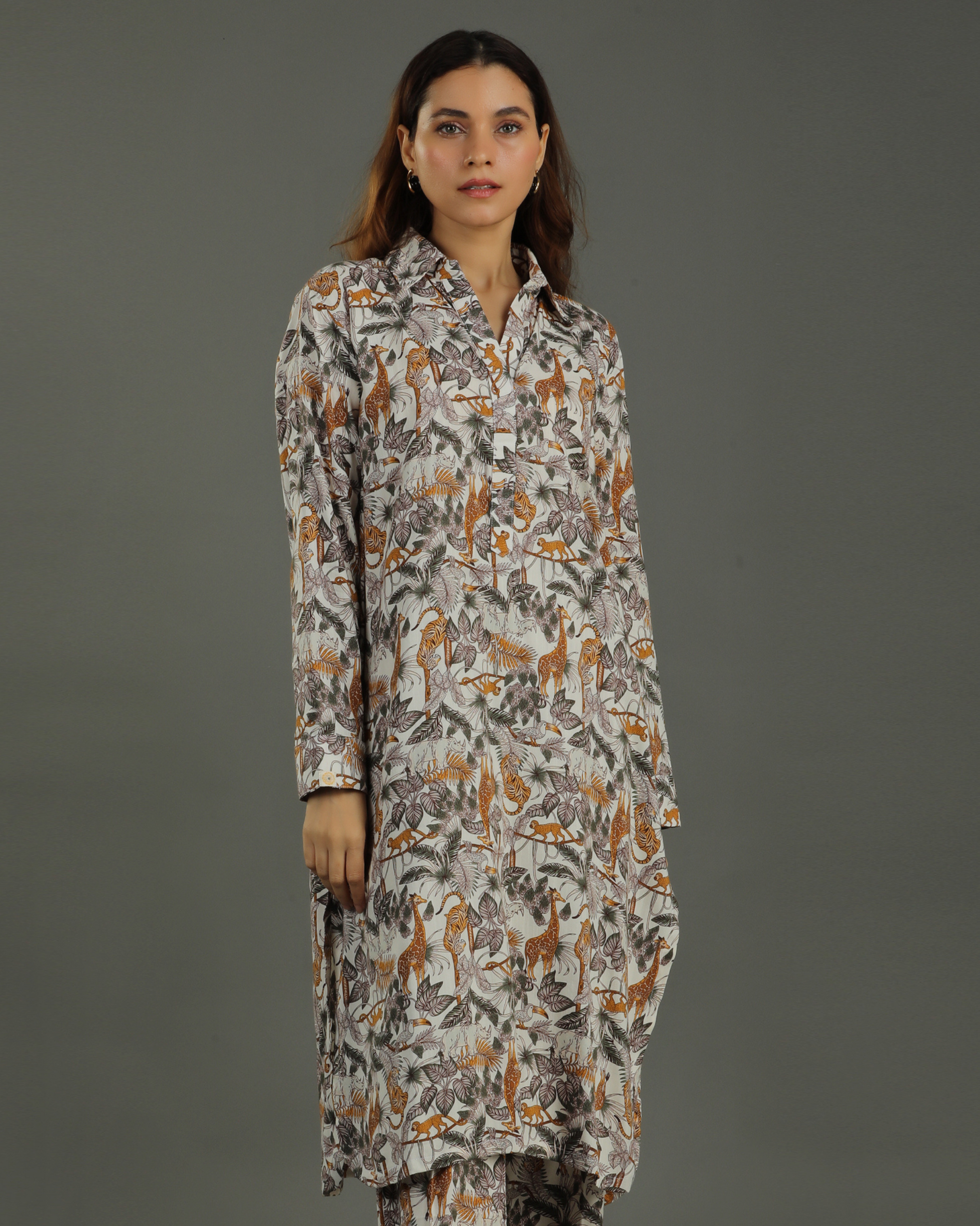 Safari Mid-Length Cotton Kurta – Off-White Print