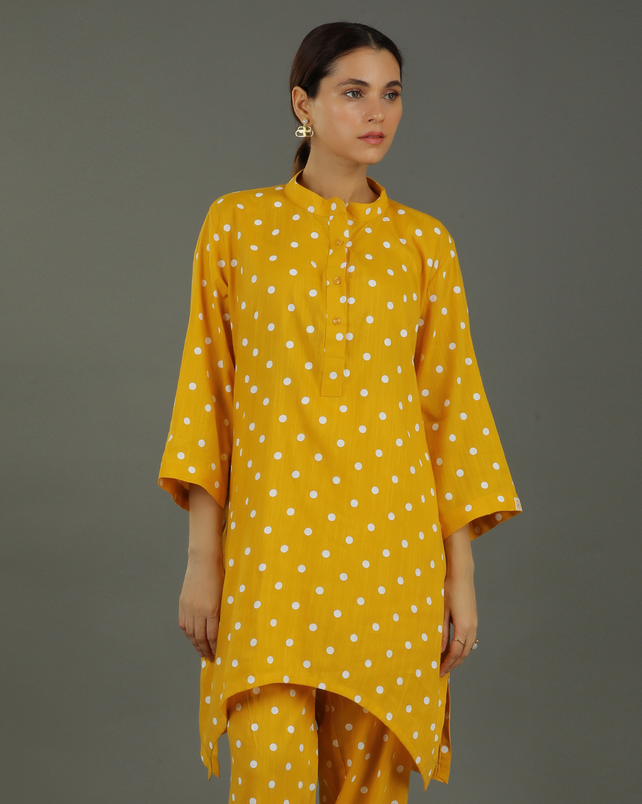 Sunshine Mid-Length Deepcut Cotton Kurta – Mustard Print