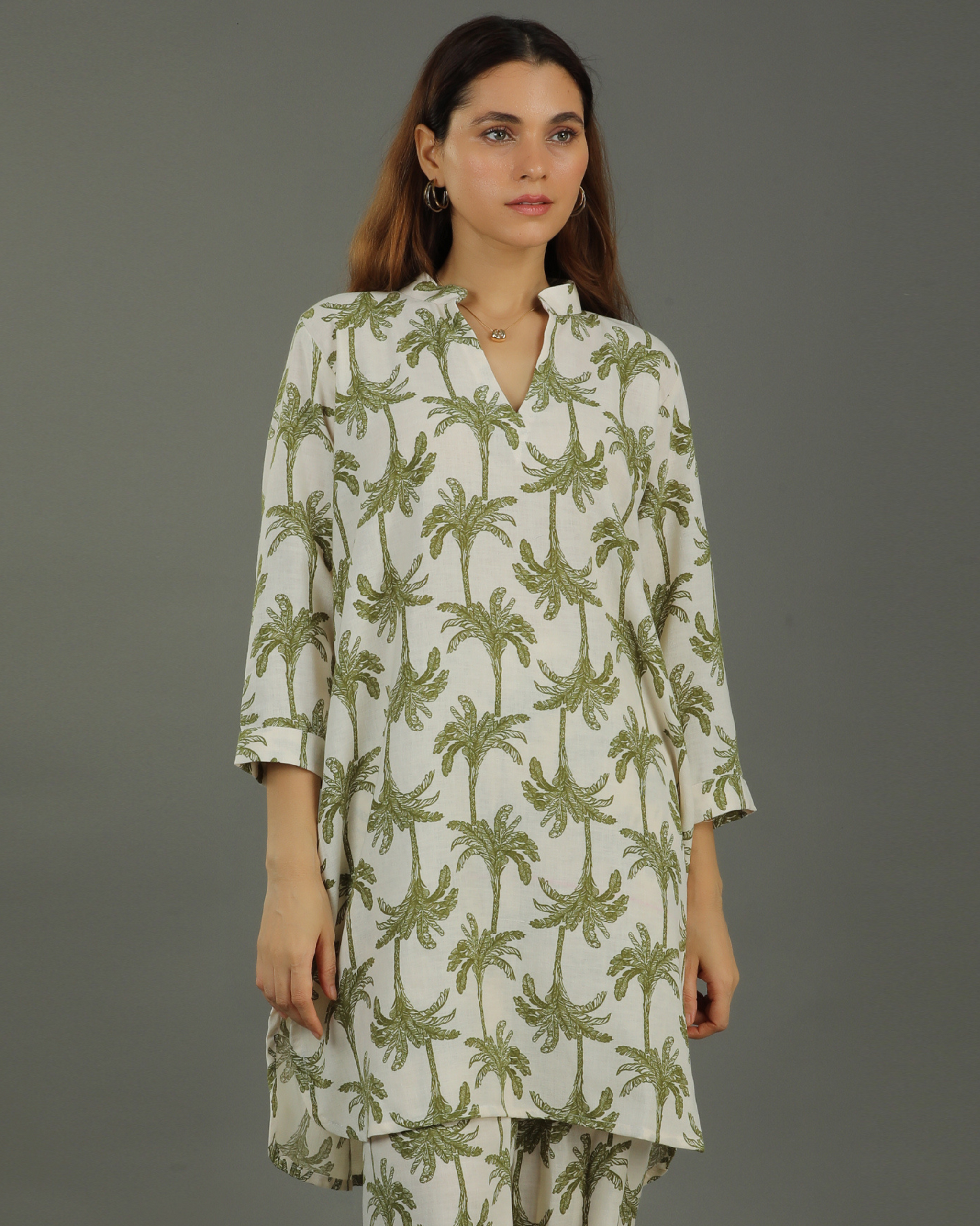 Tropical Mid-Length Cotton Kurta - White & Olive Print