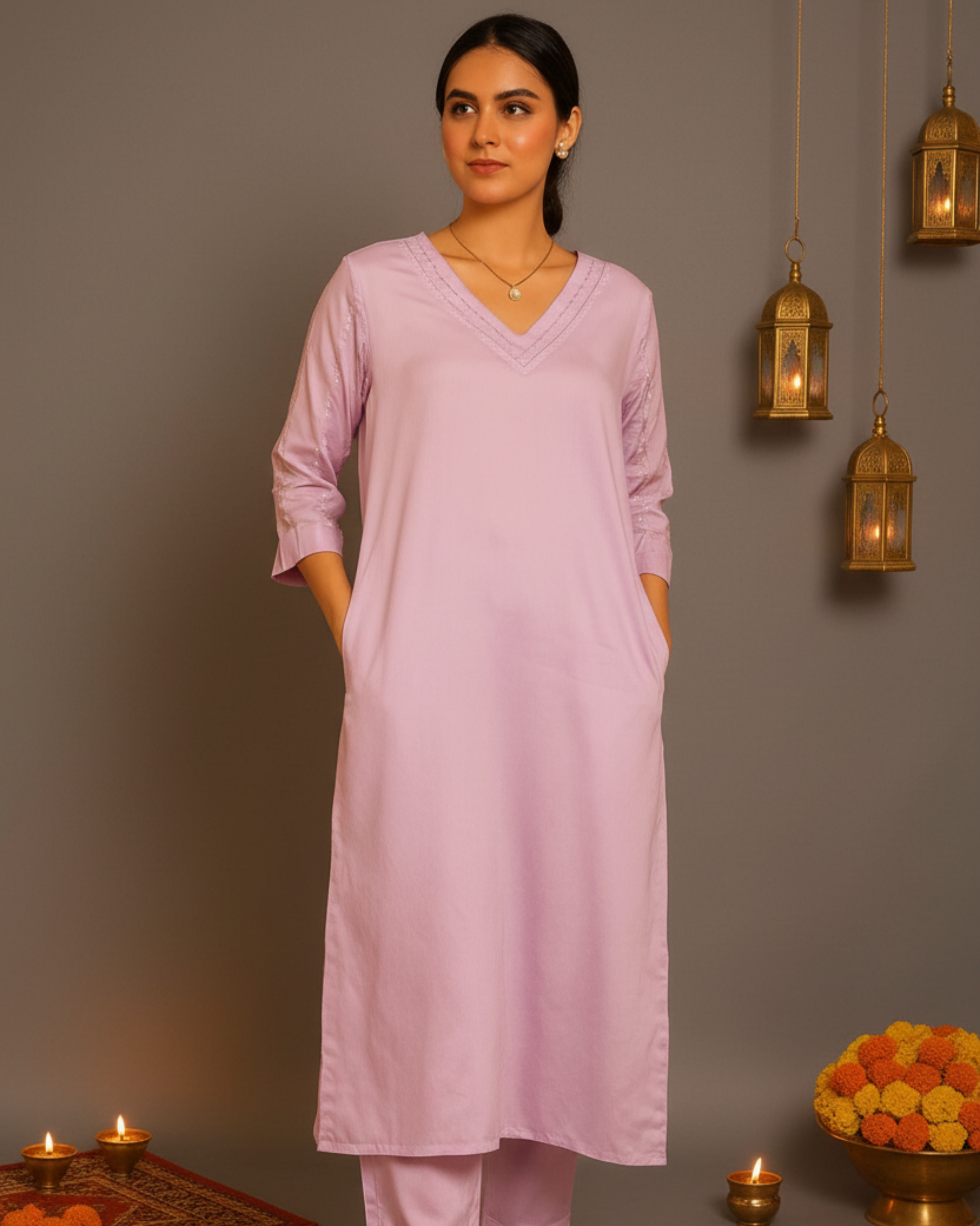 Noor Straight Satin Cotton Kurta Set – Soft Lavender