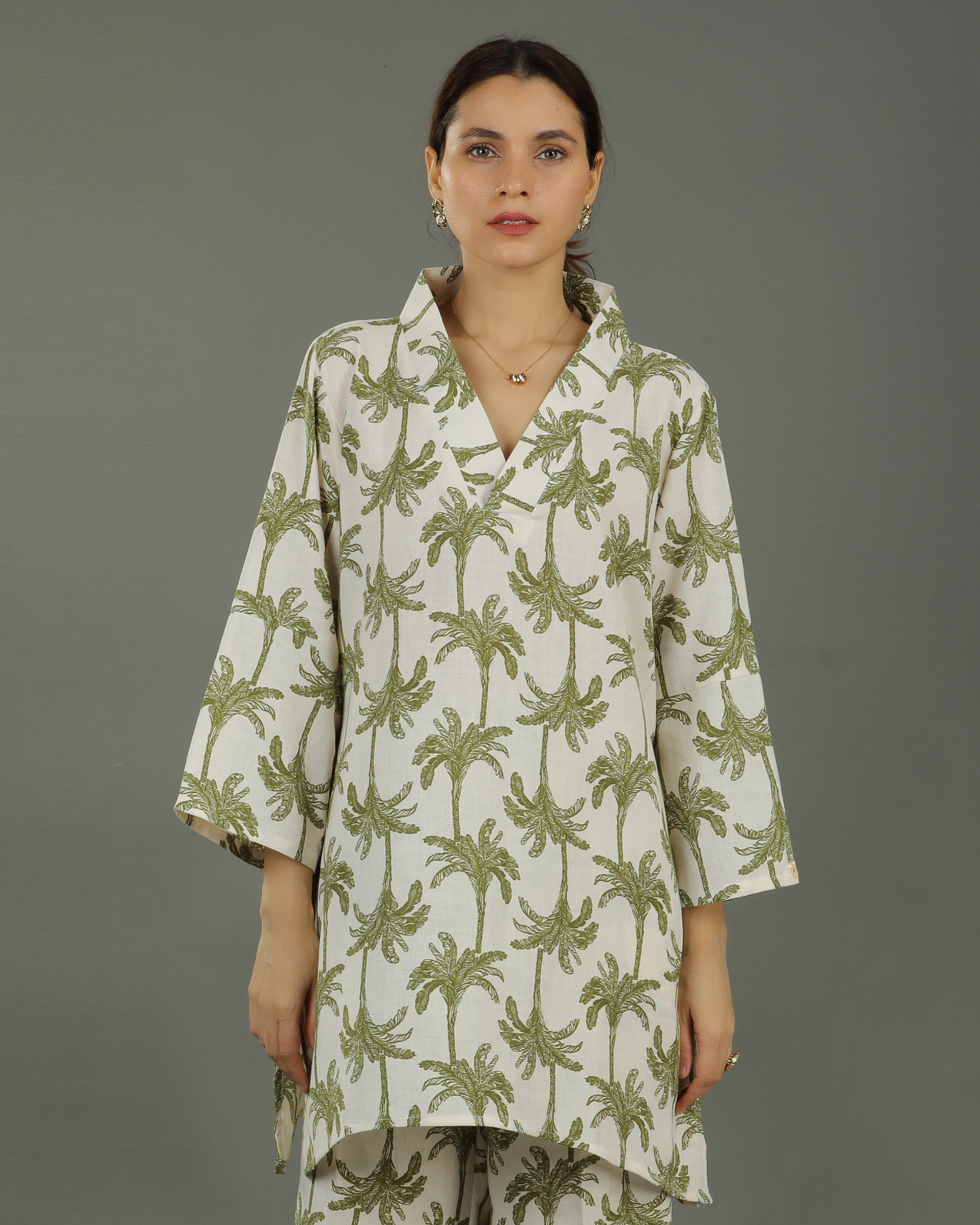 Tropical Mid-Length V-Neck Cotton Kurta – White & Olive Print