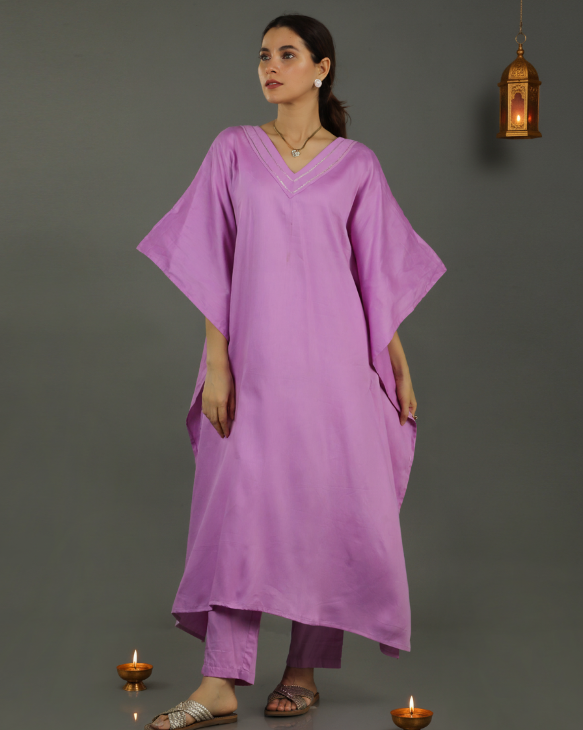 Noor Kaftan Satin Cotton Kurta Set – Deep Lavender