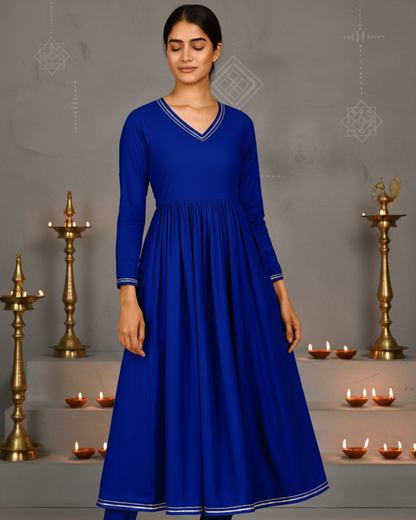 Noor Gathered Anarkali Satin Cotton Kurta & Pant Set – Royal Blue