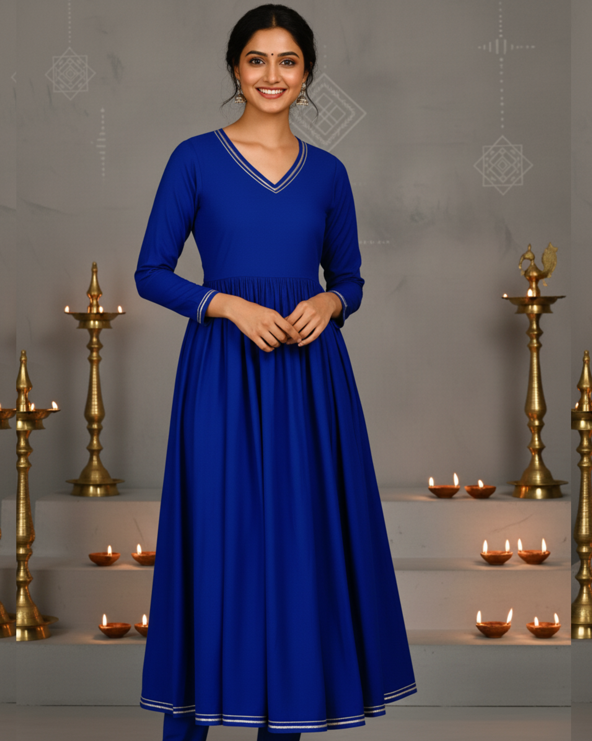 Noor Gathered Anarkali Satin Cotton Kurta & Pant Set – Royal Blue