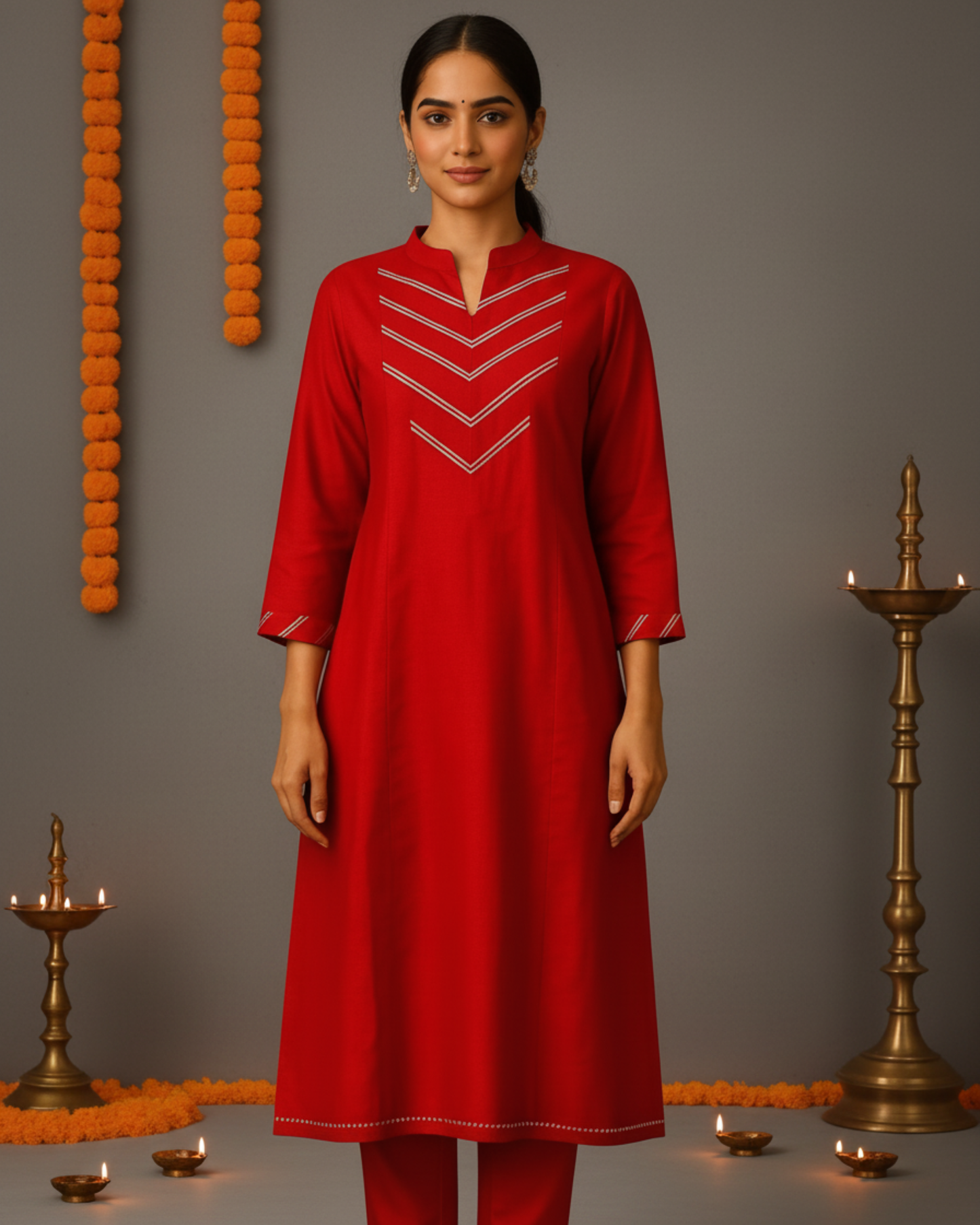 Noor Aline Satin Cotton Kurta & Pant Set – Deep Scarlet