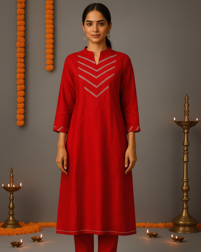 Noor Aline Satin Cotton Kurta & Pant Set – Deep Scarlet