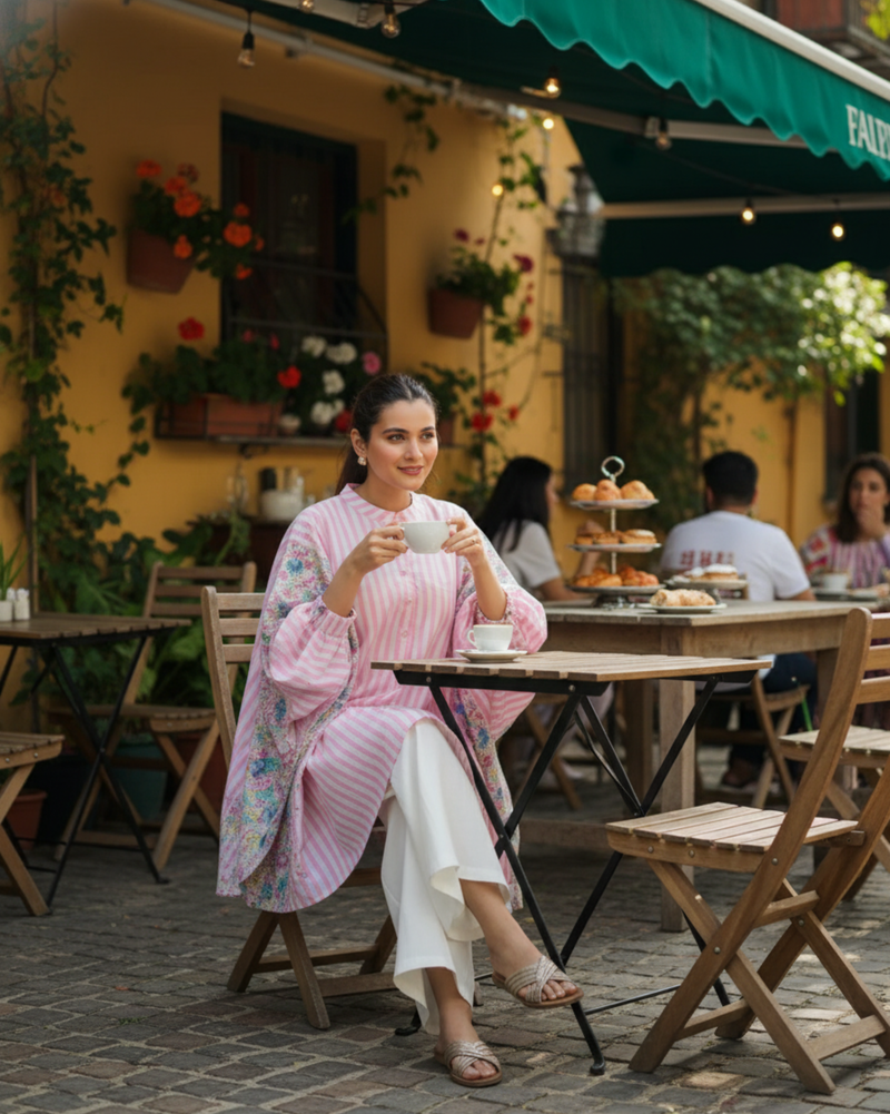 Bloom Balloon Oversized Cotton Coord Set – Pink Stripes Print