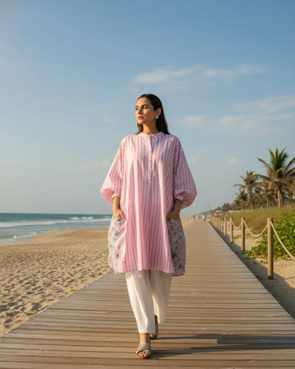 Bloom Balloon Oversized Cotton Shirt – Pink Stripes Print