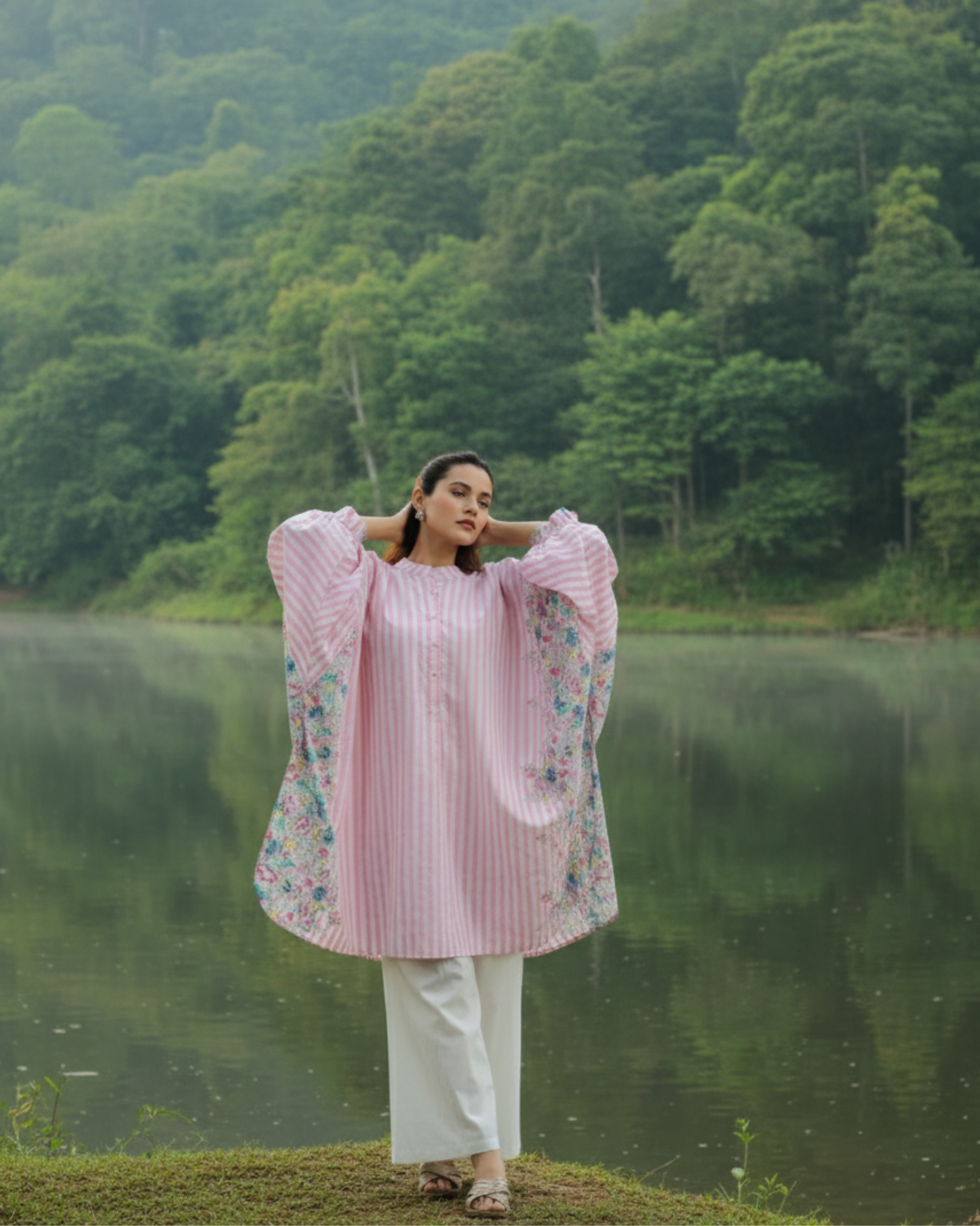 Bloom Balloon Oversized Cotton Shirt – Pink Stripes Print