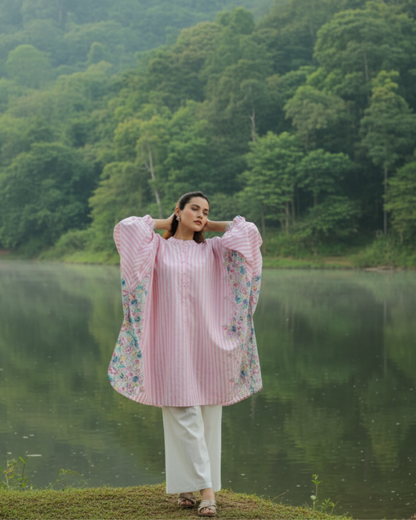 Bloom Balloon Oversized Cotton Shirt – Pink Stripes Print