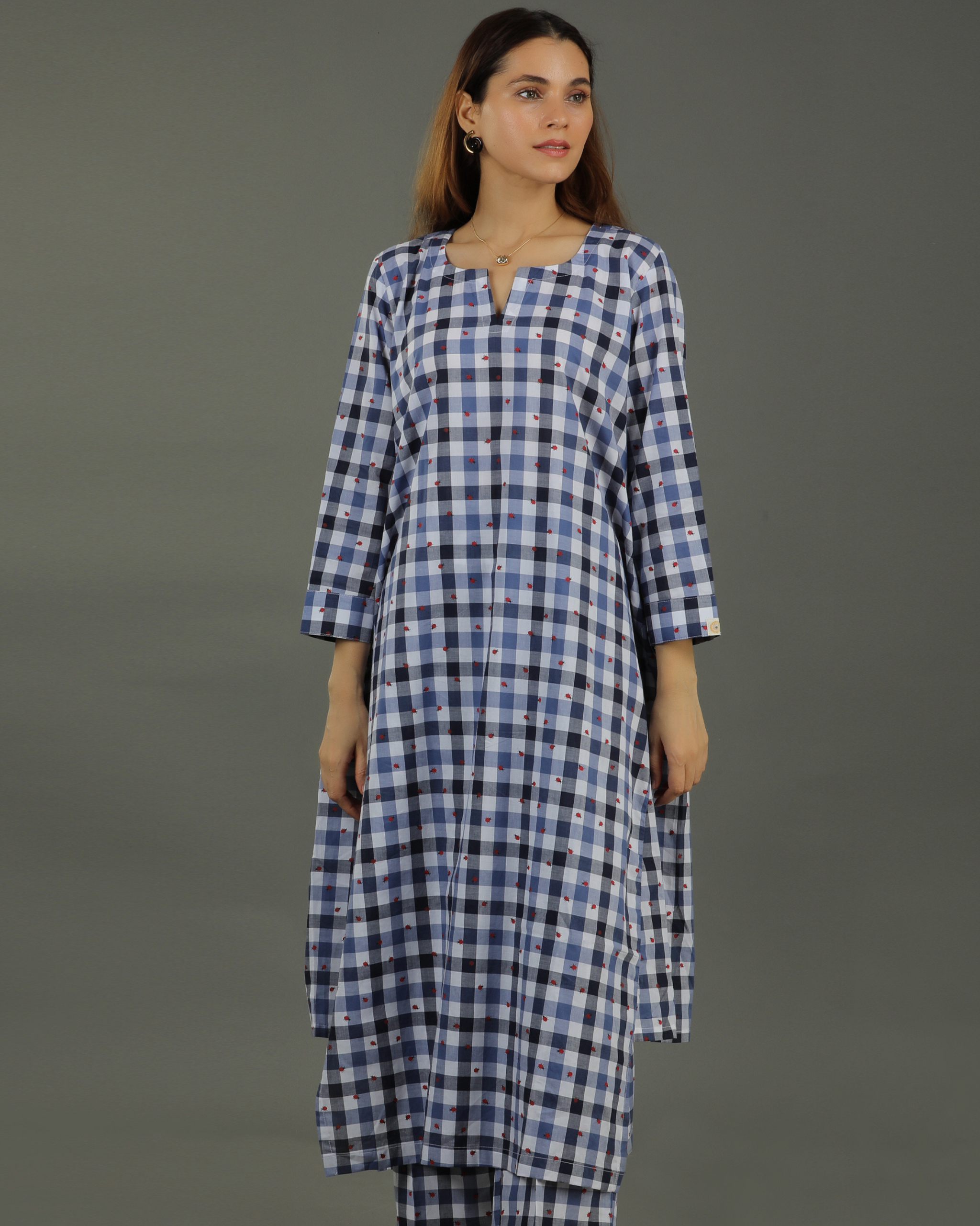 Gingham Long Abstract Cotton Kurta – Indigo Checks Print